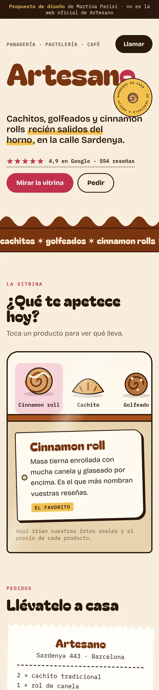 Captura de la propuesta de web para Artesano Panadería en el móvil