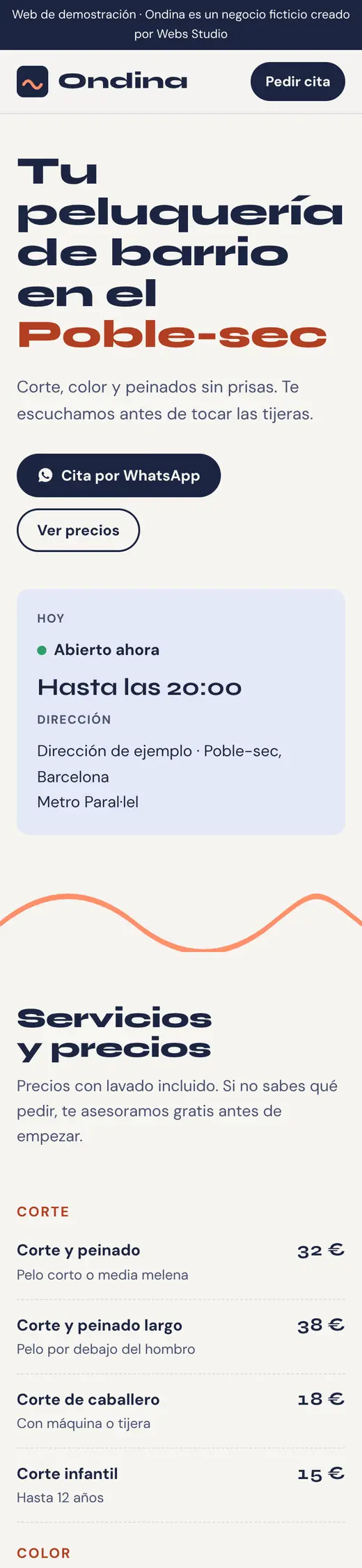 Captura de la web de demostración Ondina en el móvil